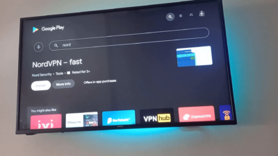Android TV search and install NordVPN-fast app in Google Play Store
